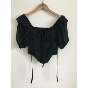 Black Corset Bustier Crop Top Sheer Puff Sleeve Lace Up Smocked Back Coquette SM